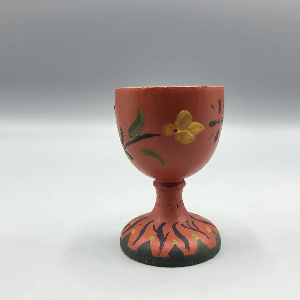 Vintage Wooden Hand Painted Egg Cup Red Floral Design Kitchen Art Folk Decor 2
